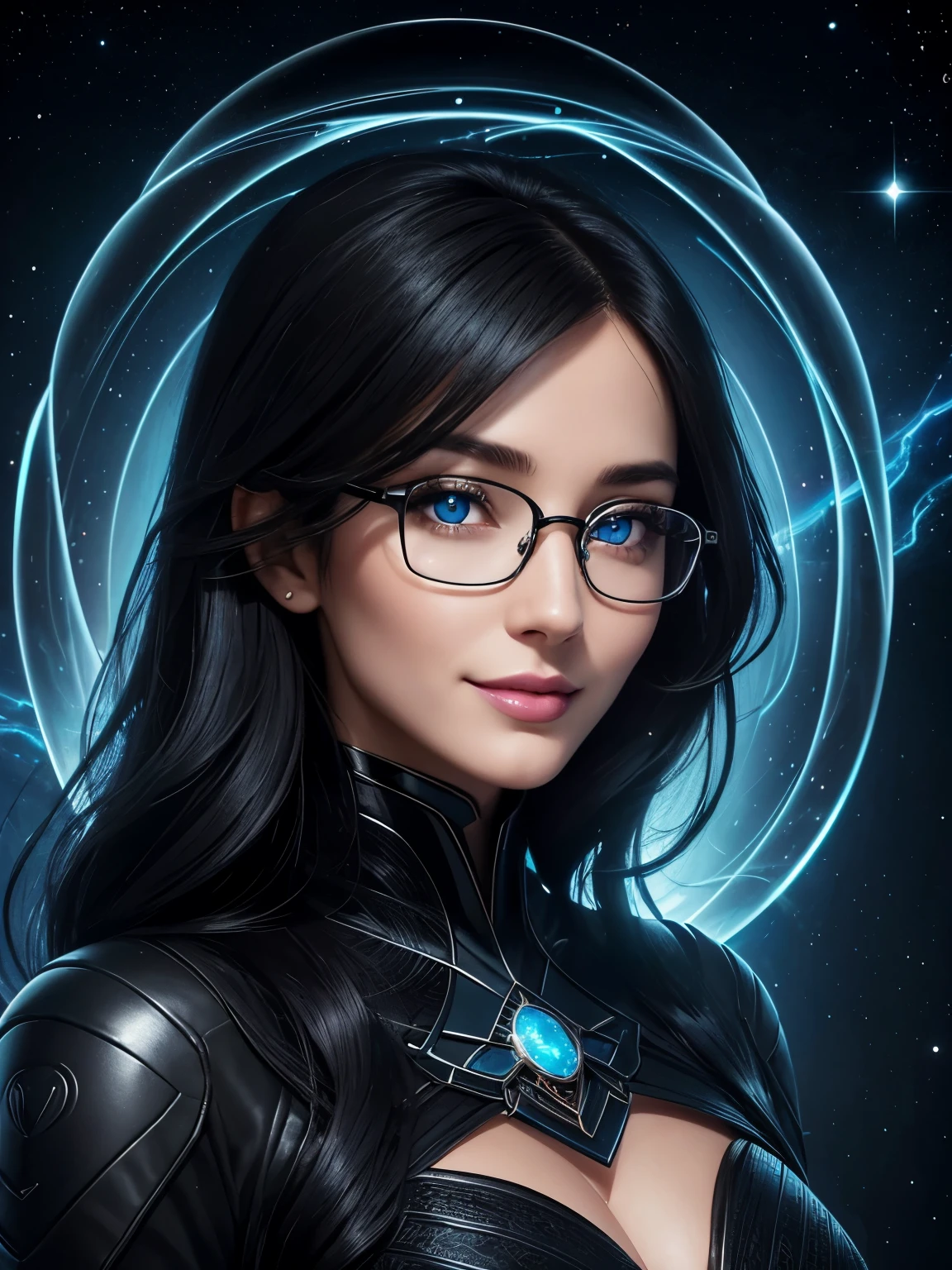 Portrait, beautiful 30-year-old woman with black hair, wearing a black business dress and eyeglasses, hourglass figure, symmetrical figure, highly detailed face, beautiful face, calming blue eyes, lush lips, smiling, alluring, stunning digital illustration, mysterious quantum environment, cosmic elements and ethereal atmosphere
