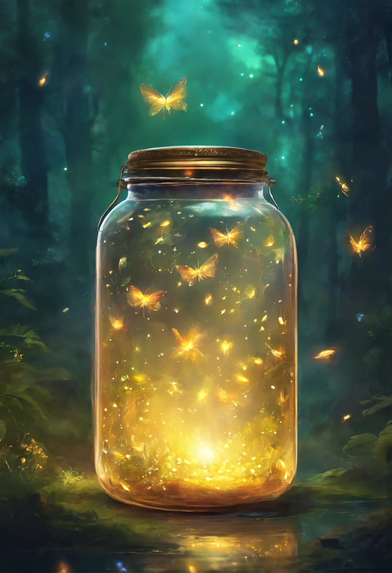 A glass jar with fireflies inside him,brighting