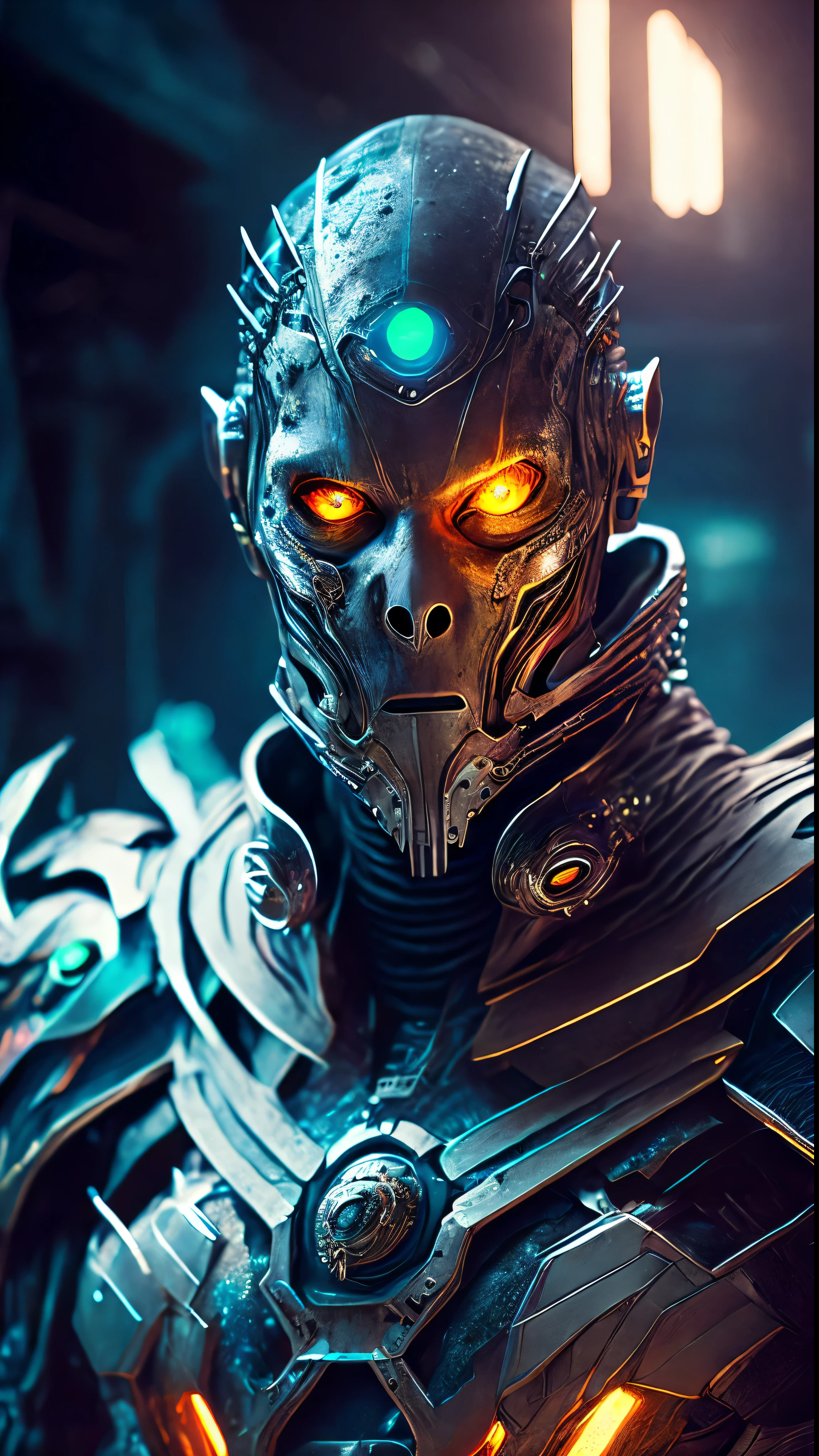 breathtaking cinematic science fiction photo of a portrait of a non human Grim wrapped in chrome metal skin, body full glowing metrics inside, glowing multicoloured eyes, multifaceted eyes, metallic arms, inside a destroyed building, extremely menacing creature, highly detailed, award-winning
