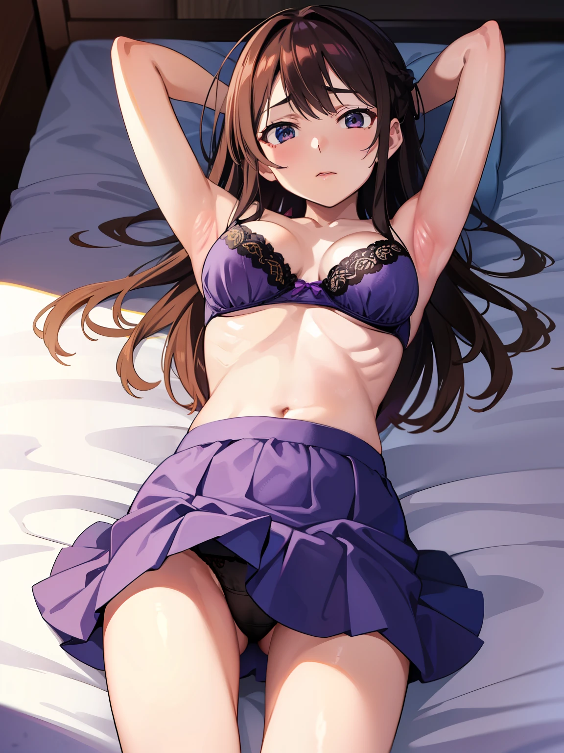 1girl, standing, slim, small , ((only purple bra, shirtless purp skirt)), (visible purple bra), surprised, angry, Black hair, brown eyes, long hair, sitting, blush, bare legs, , in school, masterpiece, detailed, high quality,Anime girl sitting on the ground，legs crossed, Beautiful Anime High School Girls, beautiful anime girl crouching, anime moe art style, Smooth anime CG art, anime best girl, Cute anime girl, (Anime girl), attractive anime girls, seductive anime girls, Anime girl, An anime girl, iwakura lain, the anime girl is crouching, pretty anime girl, mizuhara，Being in a hotel，on top of the bed，(Lying on her back in bed:1.5)，(Open your legs:1.2)，(The legs are lifted by the man and placed on the shoulders:1.2)，(Being touched by men:1.5)，(Being stroked by a man's crotch:1.5)，Top-down view，mizuhara chiz
（（（tmasterpiece）））， （（best qualtiy））， （（intricately details））， （（ultra-realistic realism））， Ridiculous res， A MILF， Mature woman， ssee-through， highly  detailed， illustratio， 1. Mature women， （（Large breasts））， (areola of breast)，perfect hand， detailed finger， Beautiful detailed eyes， Wavy curly hair，with brown eye， name badge， vd， （the maid outfit:1.2）， aprons， Get wet，The breasts were about to spill out of the clothes， (Purple pantyhose:1.1)，neck rings，耳Nipple Ring， detailedbackground， Bedrooms， perfect  eyes， Seductive eye，Cocked buttocks，Reddened face，(weeping:1.2)，Confused eyeasterpiece, best quality:1.4), delicate girl, cowboy shot, (on back, lie in bed, lie stretched out on a bed, lying down:1.2), violaceaess, gardeniass, 8k, 50mm portrait, raw photo, absurdres, purple bra and pantie, looking at viewer, large breasts, thin arms, thin waist, thighs, facelight, clear lighting, film grain, chromatic aberration, [:(detailed face:1.2):0.2], bedroom, simple background, (masterpiece), mature school girl, sexy, posterior, floral lace undies, natural light, photorealistic, cameltoe, diffused light, depth of field, white skirt, steam, (lift skirt), (urination), l