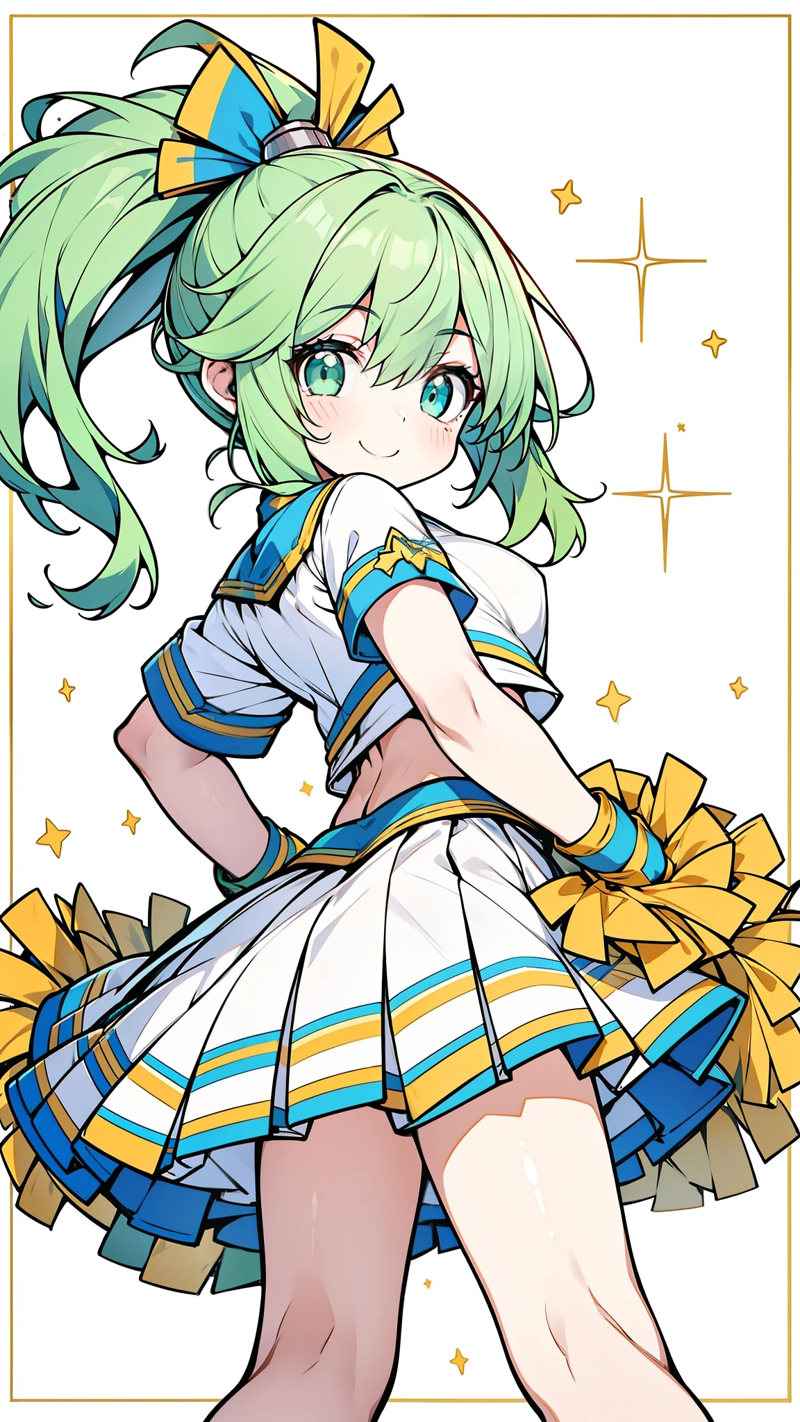 32k, 16k, 8k, best quality, ultra-detailed, high resolution, perfect anatomy, head on, stadium background, cheerleader, high quality eyes, cute girl, peek from below, happy smile, ligth green hair,