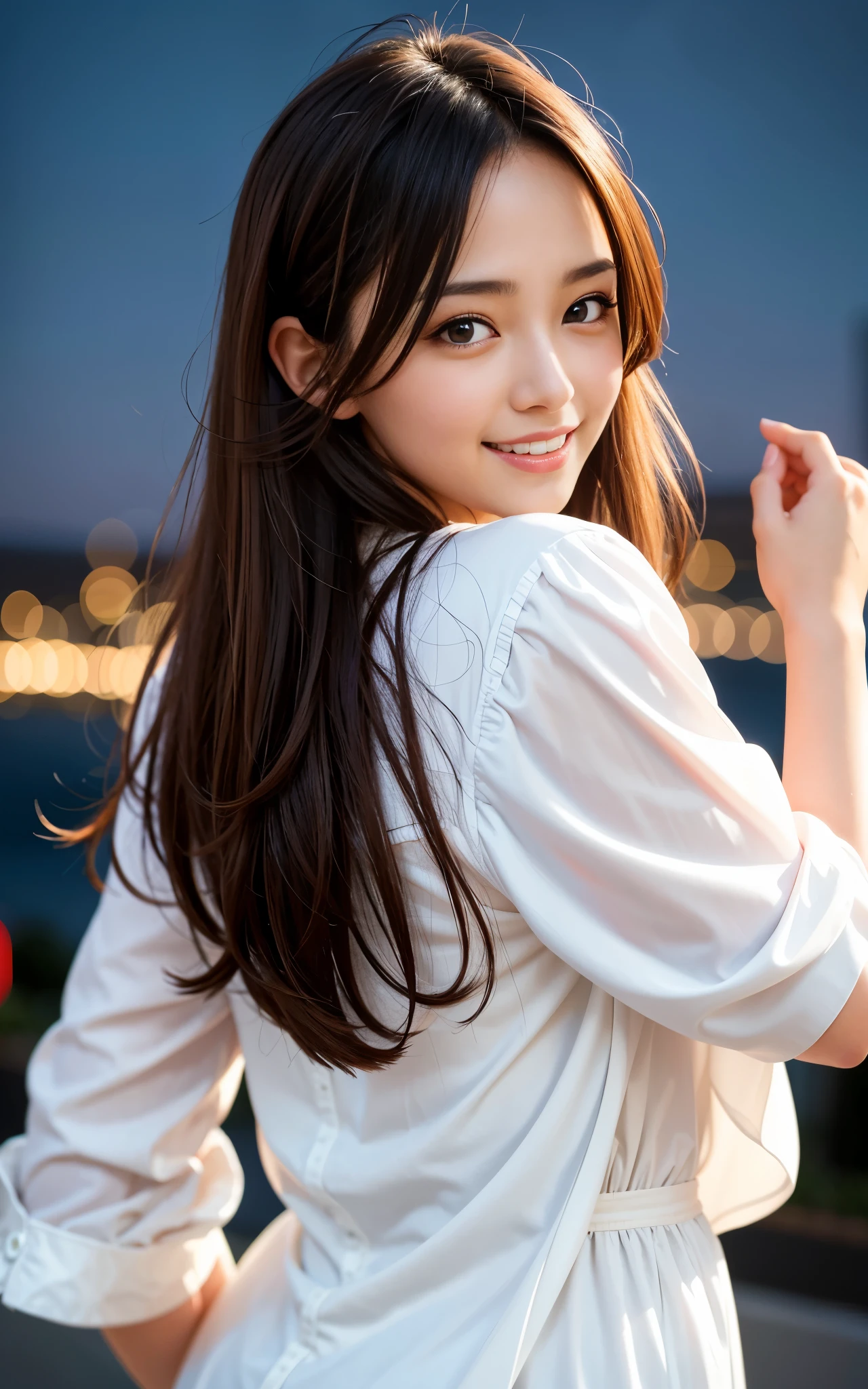 highest quality, figure, super detailed, finely, High resolution, 8k wallpaper, 完璧なダイナミックな構figure, beautiful skin, (big eyes), 20 year old beautiful girl, natural color lip, (sexy pose), mid chest, smile, Highly detailed face and skin texture, Detailed eyes, Double eyelid,leaking teeth and laughing, close-up, from behind, long brown hair, (white blouse:1.2), night view