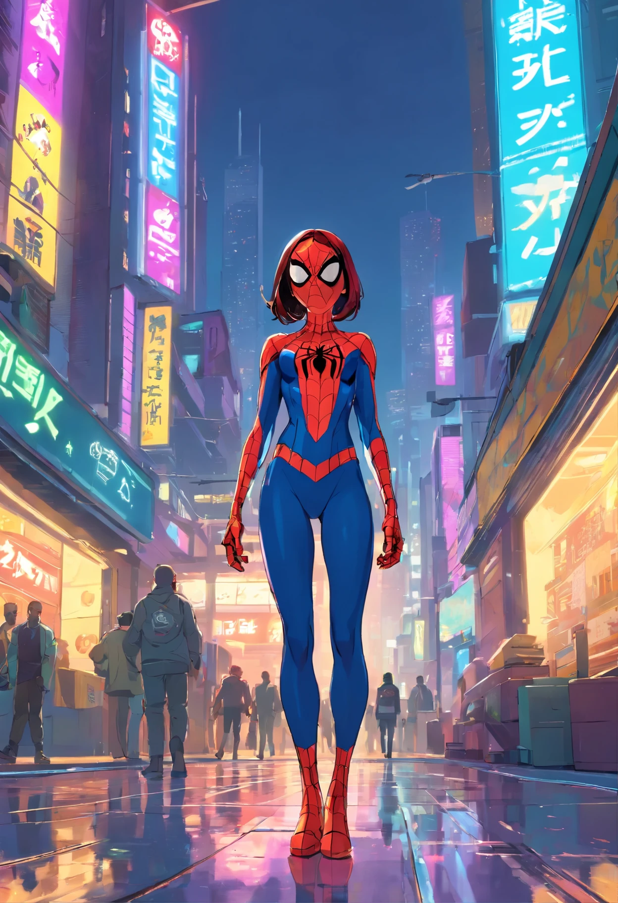 Spiderman Cyberpunk + gta5 + The epic Looney Tunes gang dress in incredibly detailed, skintight chrome cyberpunk robots., Highly detailed future with textures with many buttons.