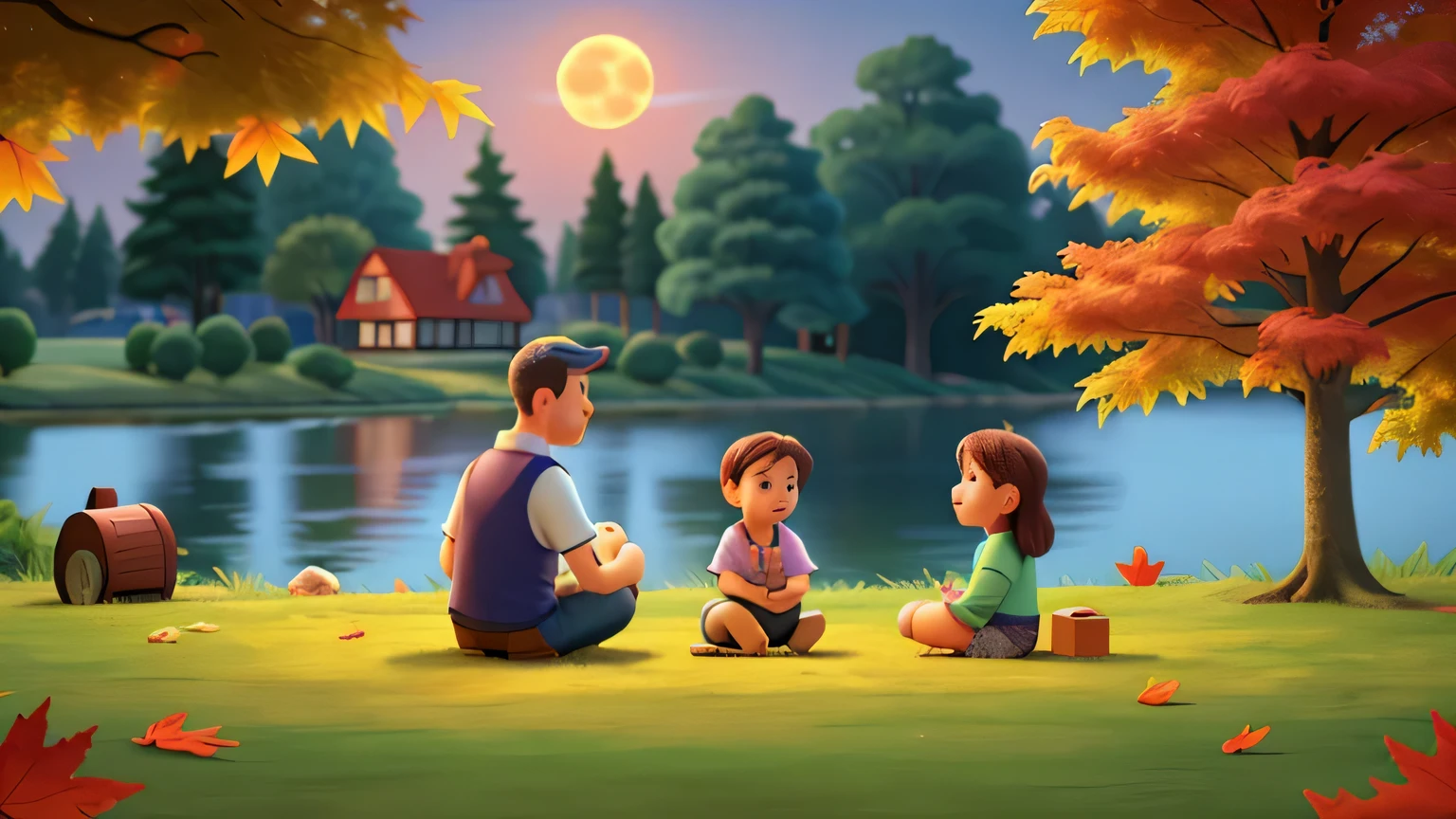 Dad is telling a story to his daughter, On the grass by the lake, There are barbecue grills and red brick houses nearby, night, full moon, Maple leaves flying in the air, autumn scenery, best quality, bright colors, sharp focus.