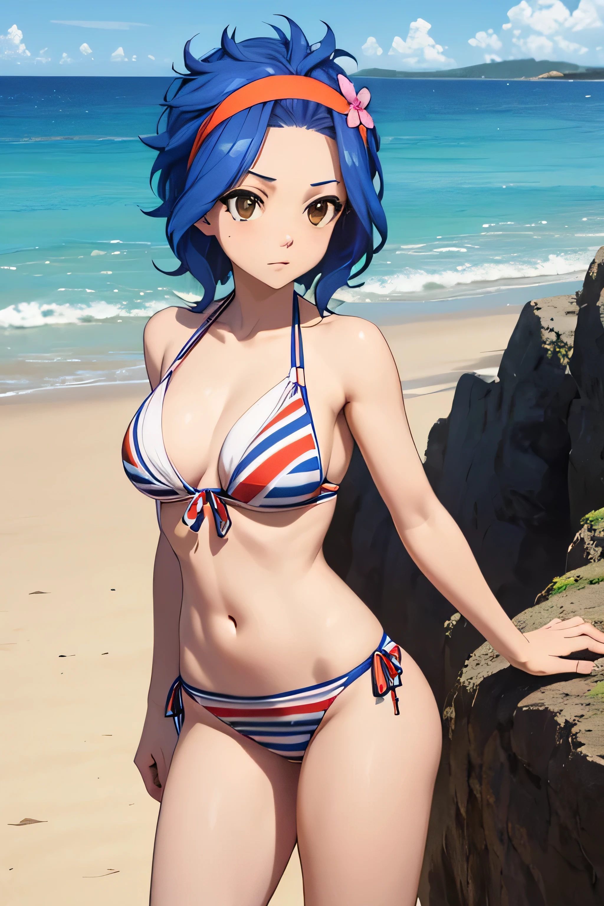 absurdres, high res, ultrasharp, 8K, {masterpiece}, expressive eyes, extremely detailed, best quality, perfect face, LEVY MCGARDEN, (BROWN EYES:1.35), BLUE HAIR, SHORT HAIR, SIDELOCKS, hair band, hair flower, medium breasts, beach, bikini, contrapposto,