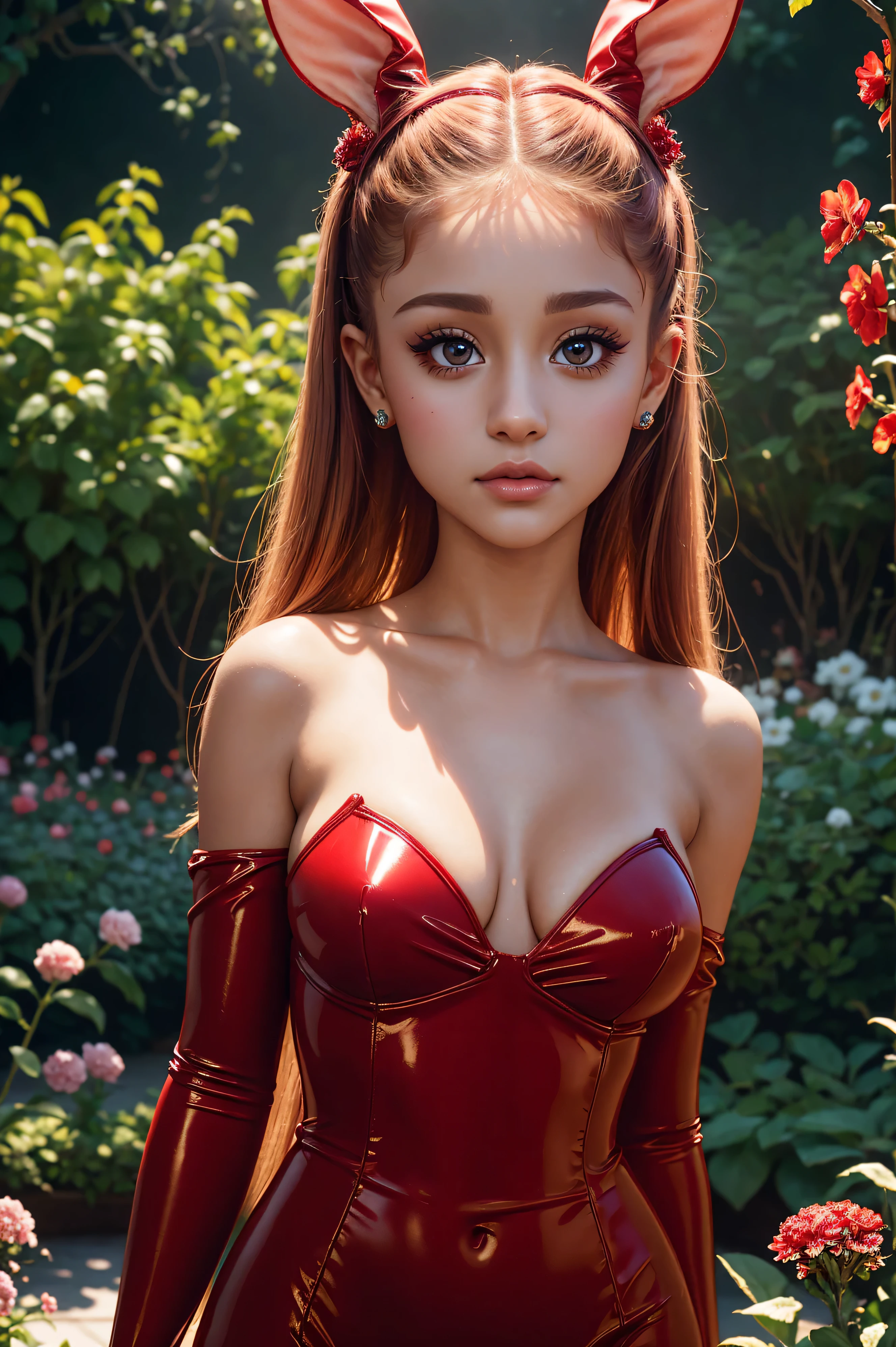 Ariana Grande, wearing bunny red costume transparent. professionally retouched, soft lighting, realistic, smooth face, perfect eyes, sharp focus on eyes, 8 k, high definition, insanely detailed, intricate, elegant. against the background of the garden.