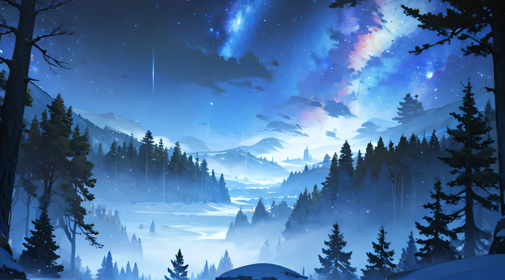 night forest, cozy illustration, Milky Way, winter, breath taking beautiful, silence and night, landscape, scale frame, view from afar, complex composition