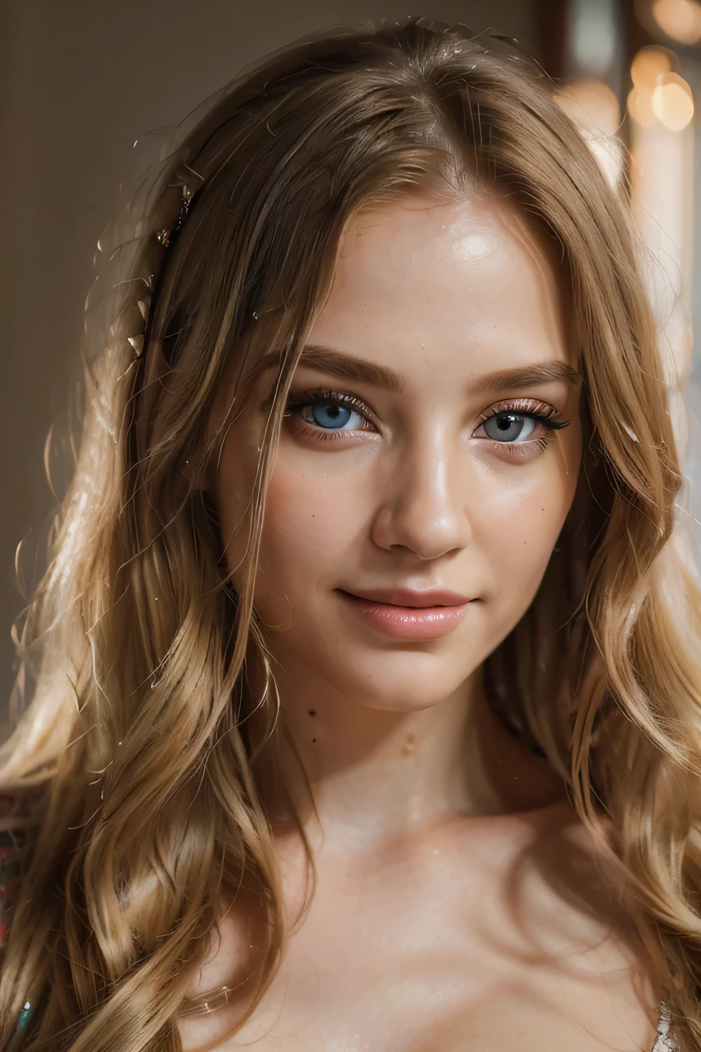 (best quality,4k,8k,highres,masterpiece:1.2), ultra-detailed, realistic, beautiful detailed eyes, beautiful detailed lips, extremely detailed eyes and face, longeyelashes, golden hair, innocent look, smile to camera, professional, vivid colors, sharp focus, physically-based rendering, portraits, studio lighting, warm color tones, soft lighting