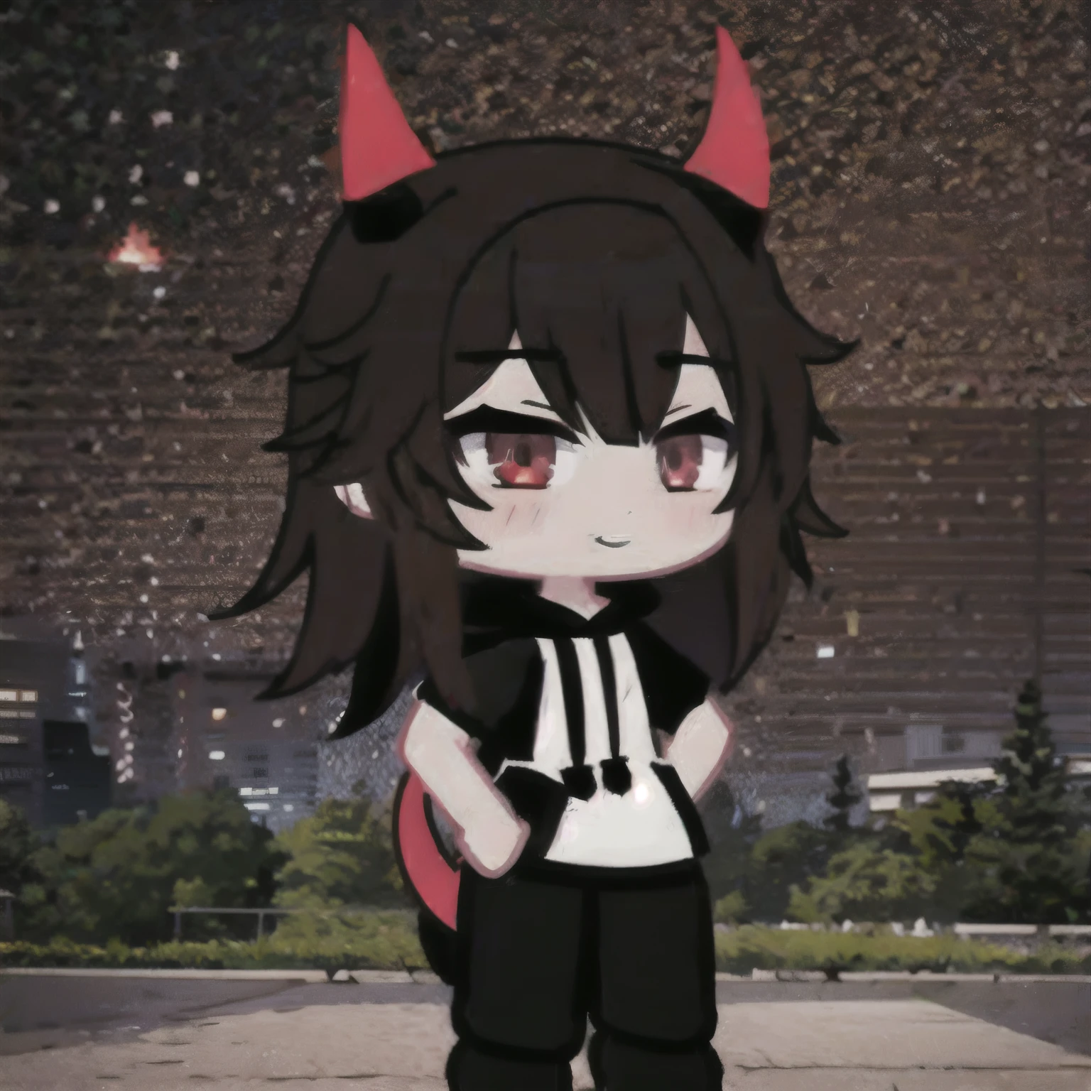 (Masterpiece, Best quality:1.2), 1 girl, alone , black horns, demonic tail, Russian brown hair, light red eyes, black hoodie with pintagram, comfortable free pants, holding a sharp ring with spikes