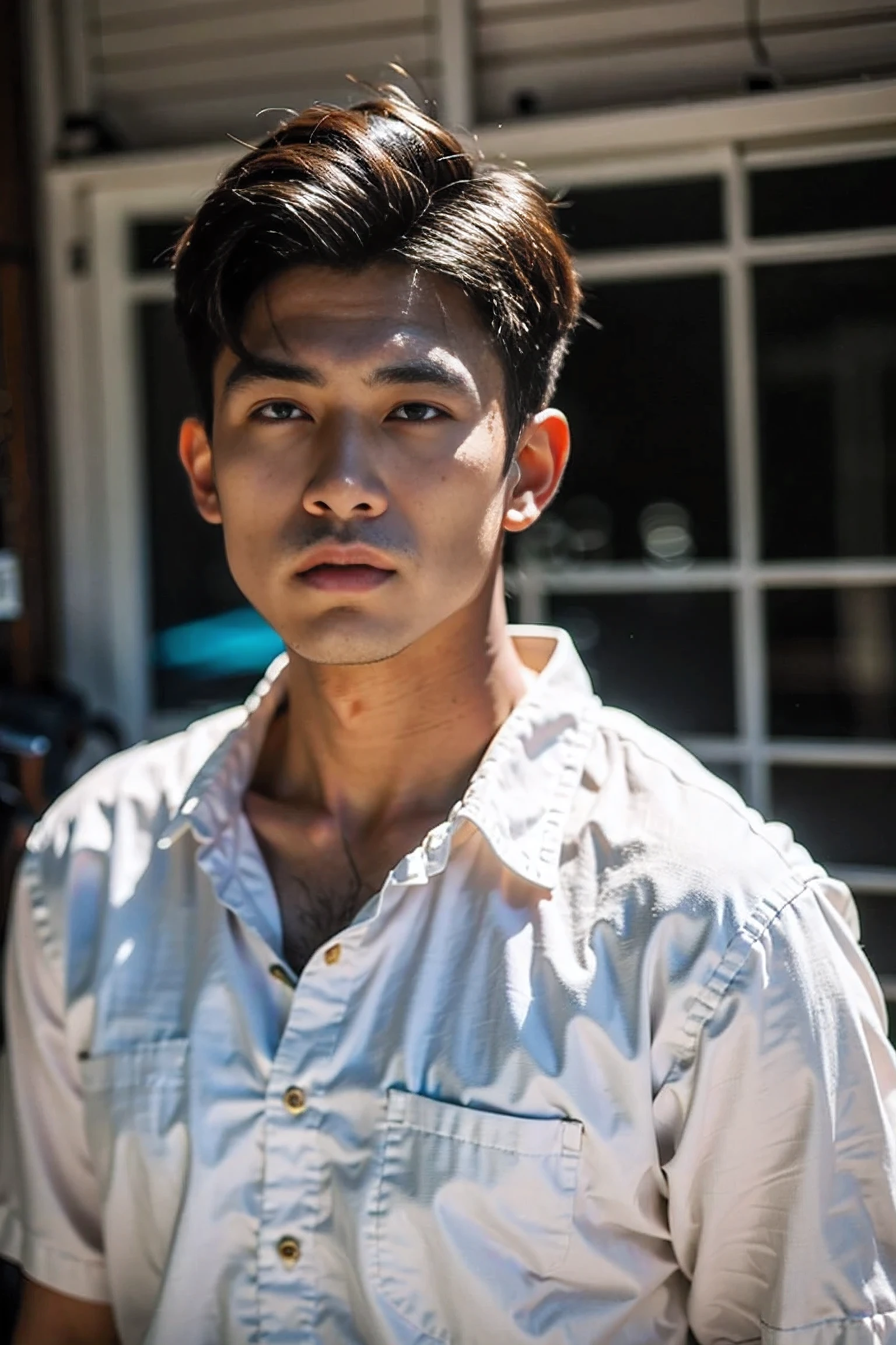 Realistic photography, Handsome Thai Man ,big loose shirt 