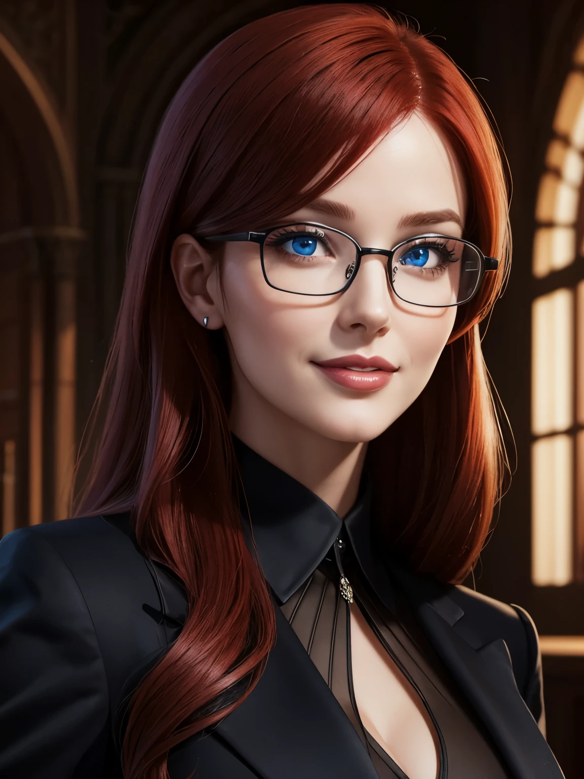 Portrait, beautiful 40-year-old librarian with red hair, wearing a black business suit and eyeglasses, hourglass figure, symmetrical figure, highly detailed face, beautiful face, calming blue eyes, lush lips, smiling, alluring, stunning digital illustration