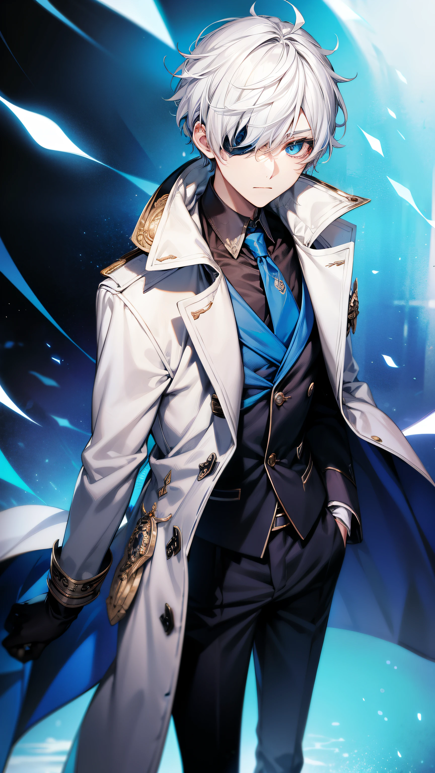 White hair, blue eyes, mysterious, cool, male short hair, coat, teenager, one eyed masquerade mask