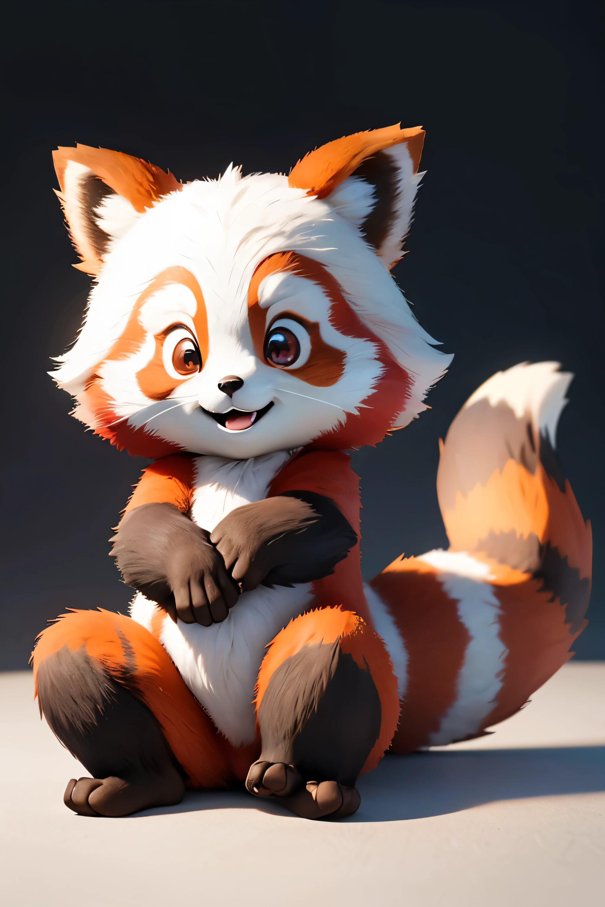 Make a very beautiful picture of Red Panda, it should be 3D, very cute, touching, sweet, with happy smile, ultra-realistic in the spirit of Rocket Raccoon, let him look straight, make it full size, make full image clearer, super clear realistic image