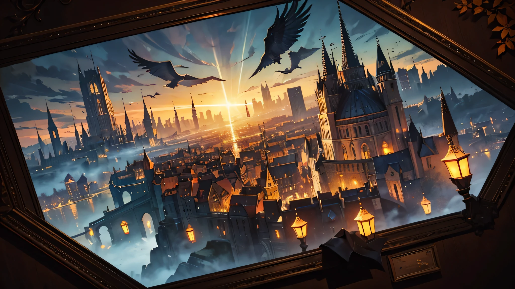 autumn comic style, Autumn City, clear vector lines, minimalism, Bird&#39;s-eye, Fantasy atmosphere, dark fantasy, many small details, Ultra Drawing, deep light, composition, shine, shine, clearance, night, Spreading landscape, alcohol ink and comics, Best quality, Frame depth, High detail