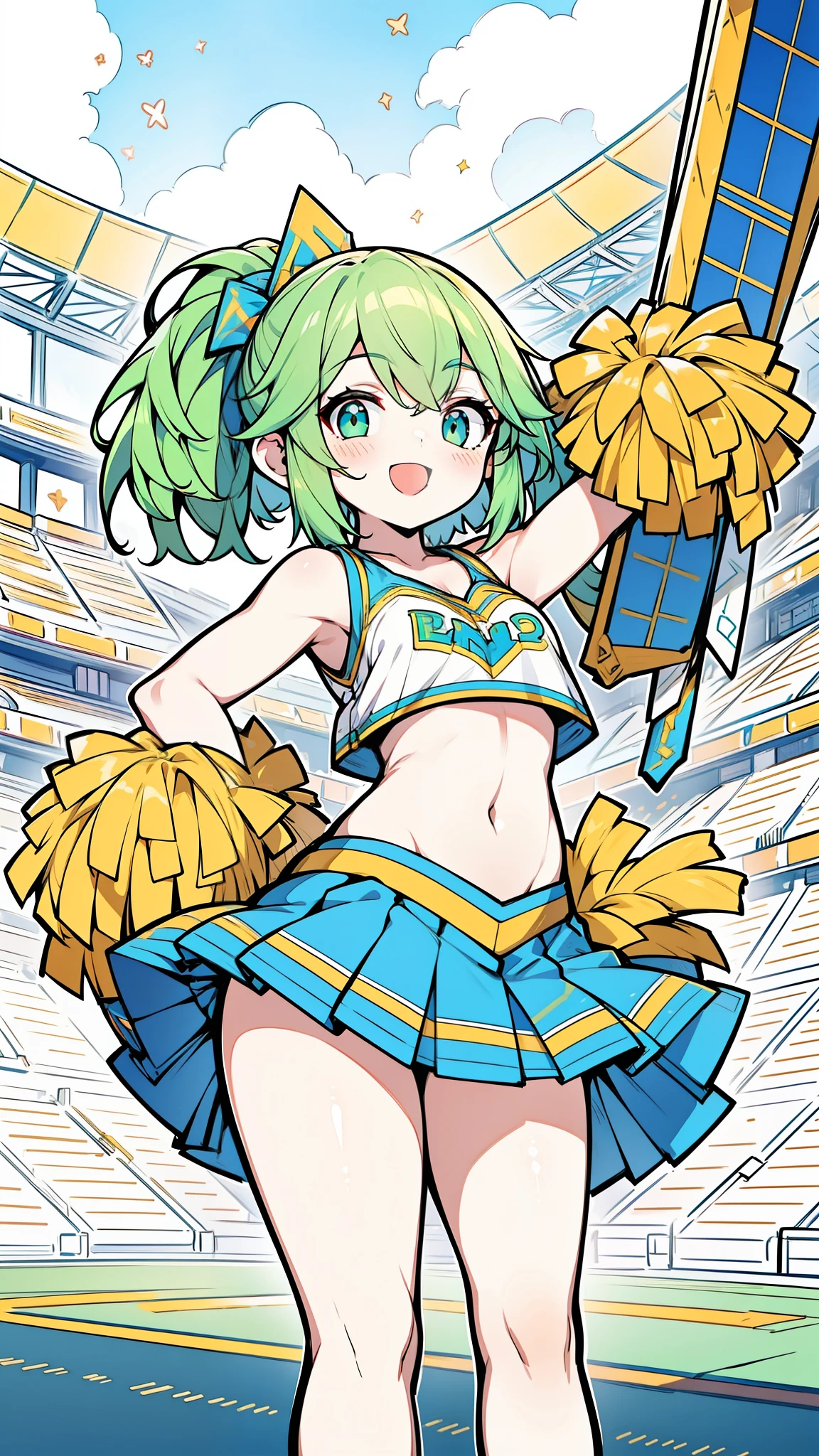 32k, 16k, 8k, best quality, ultra-detailed, high resolution, perfect anatomy, head on, stadium background, cheerleader, high quality eyes, cute girl, peek from below, happy smile, ligth green hair, 