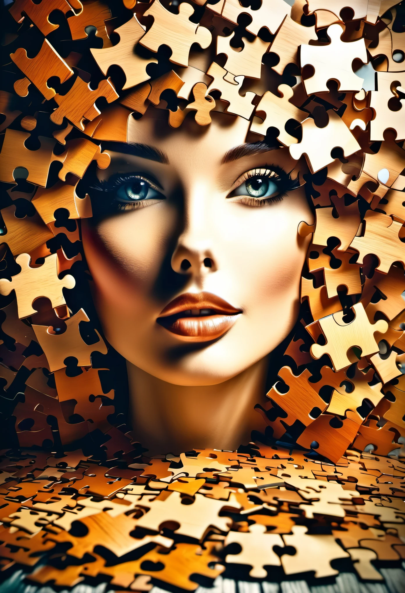 beautiful woman, face made of puzzles, with wooden pieces, highly detailed, vintage colors, under a table, indirect light and shadow, chaos 50, hdr, open window