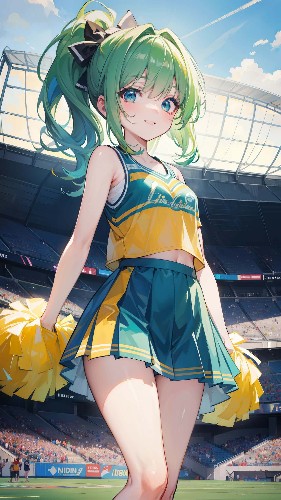32k, 16k, 8k, best quality, ultra-detailed, high resolution, perfect anatomy, head on, stadium background, cheerleader, high quality eyes, cute girl, peek from below, happy smile, ligth green hair, acrobatic pose,