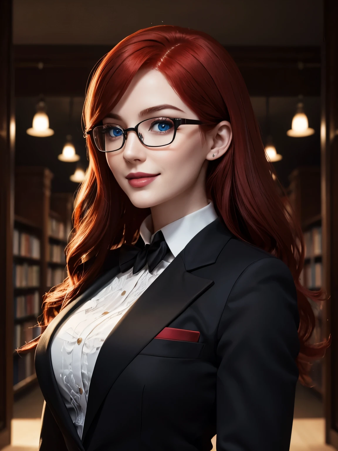 Portrait, beautiful 30-year-old librarian with red hair, wearing a black business suit and eyeglasses, hourglass figure, symmetrical figure, highly detailed face, beautiful face, calming blue eyes, lush lips, smiling, alluring, stunning digital illustration