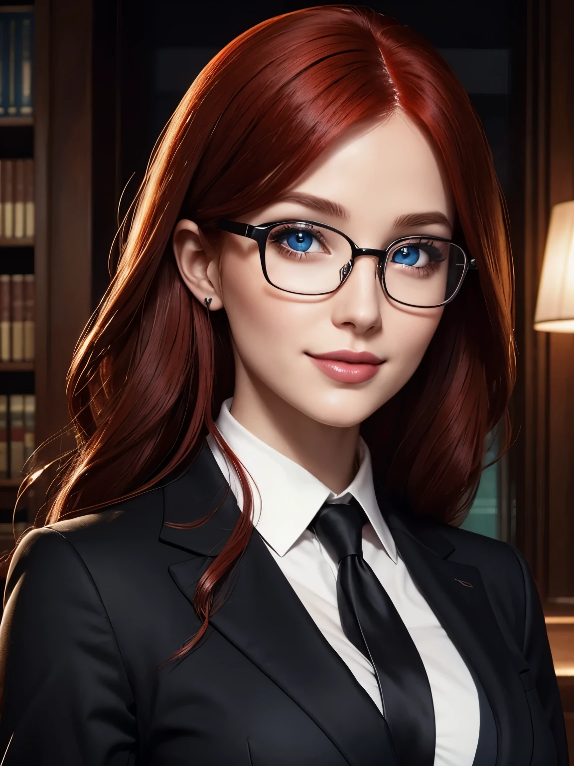 Portrait, beautiful 40-year-old librarian with red hair, wearing a black business suit and eyeglasses, hourglass figure, symmetrical figure, highly detailed face, beautiful face, calming blue eyes, lush lips, smiling, alluring, stunning digital illustration