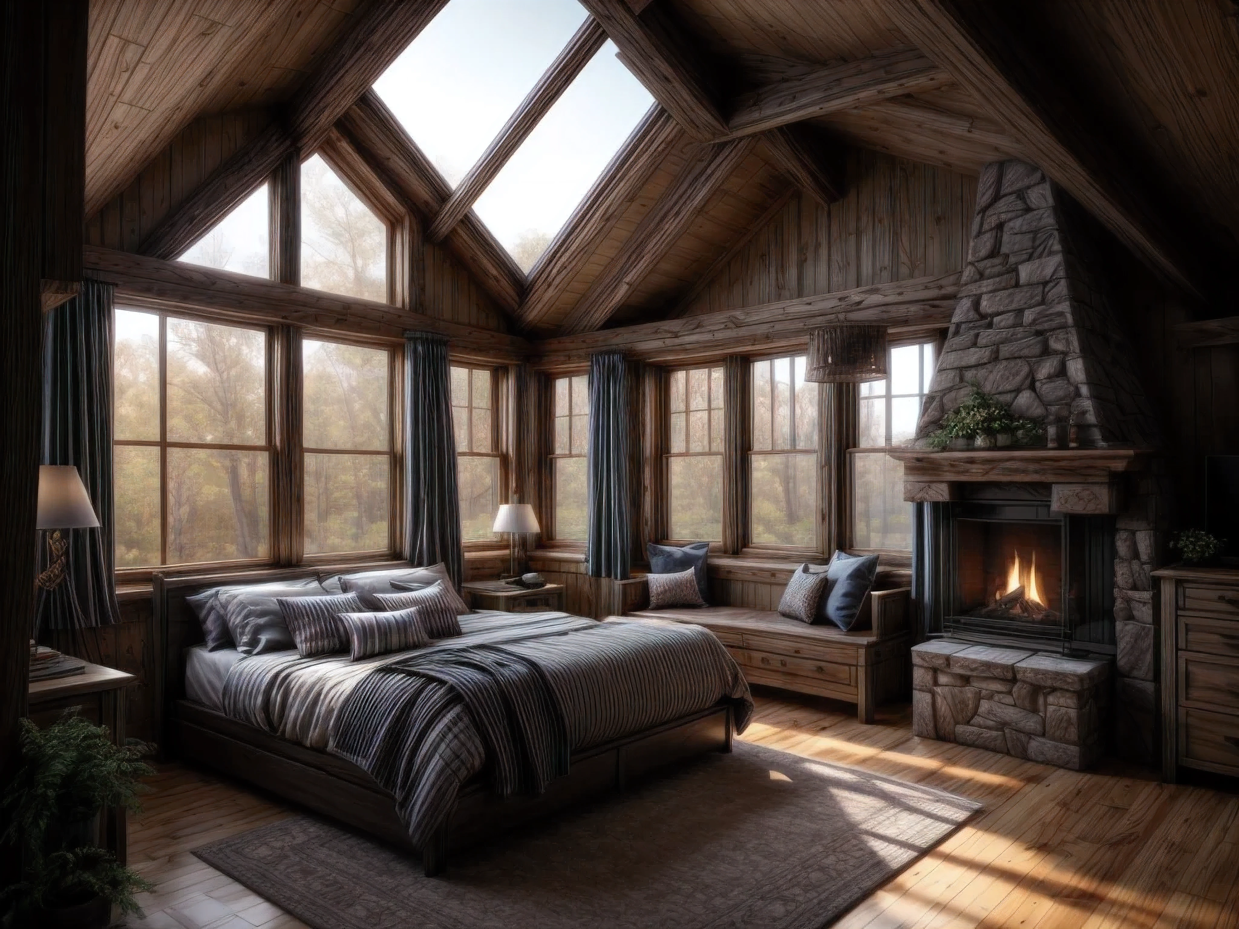 arafed bedroom with a fireplace and a large bed in it, cozy and calm, natural light in room, detailed natural lighting, epic natural light, unreal engine realistic render, enscape render, rendered in corona, rendered in vray, cozy room, rendered in enscape, photorealistic room, rendered in unreal engine 4 k hq