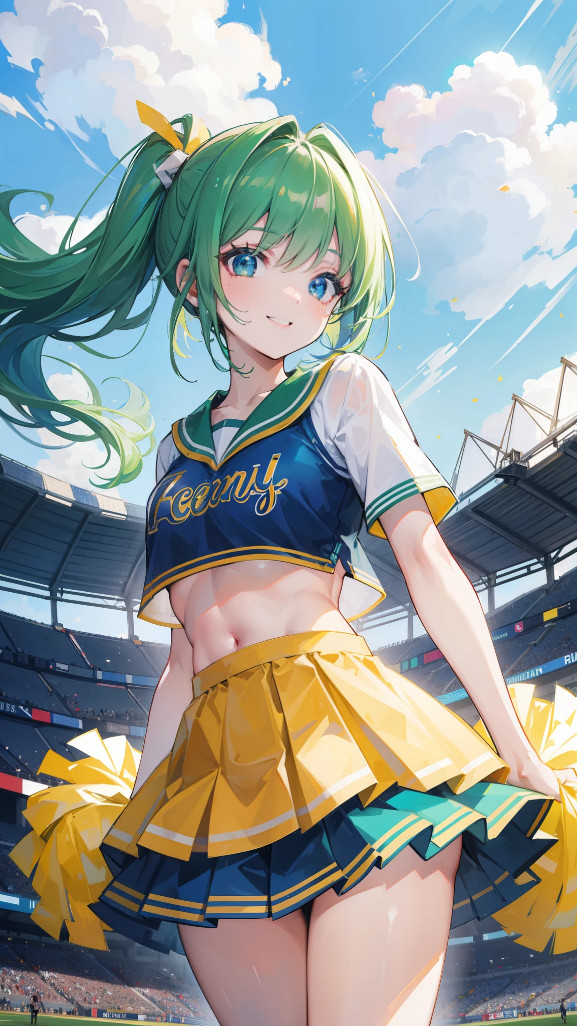 32k, 16k, 8k, best quality, ultra-detailed, high resolution, perfect anatomy, head on, stadium background, cheerleader, high quality eyes, cute girl, peek from below, happy smile, ligth green hair,