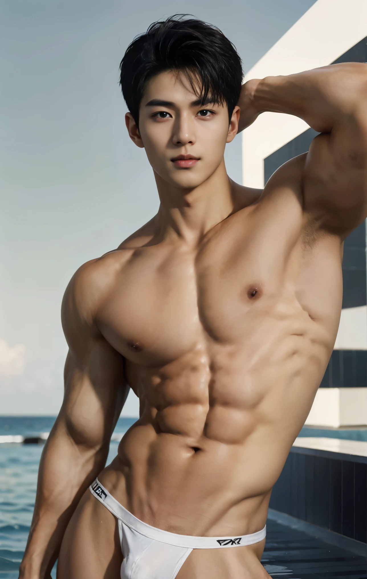 1boy, Korean male, a handsome boy, 25years old male model, wearing tiny black thong, posing and flexing, dynamic poses, most strongest pose, very beautiful, lean muscles, wide shoulders, narrow waist, puffy chest, dark nipples, sexy and cute, mesomorph body type, smooth hair, short hair, detailed eyes, confident cocky smile, sly, mischievous, modeling, posing, huge bulge, bulge, perfect hands, pubic hair, sexy and cute, realistic skin, smooth, dark skin, aesthetics, perfect hands, by adonisjing, photorealistic, masterpiece, highest quality, perfect lightings, outdoors,big , slim