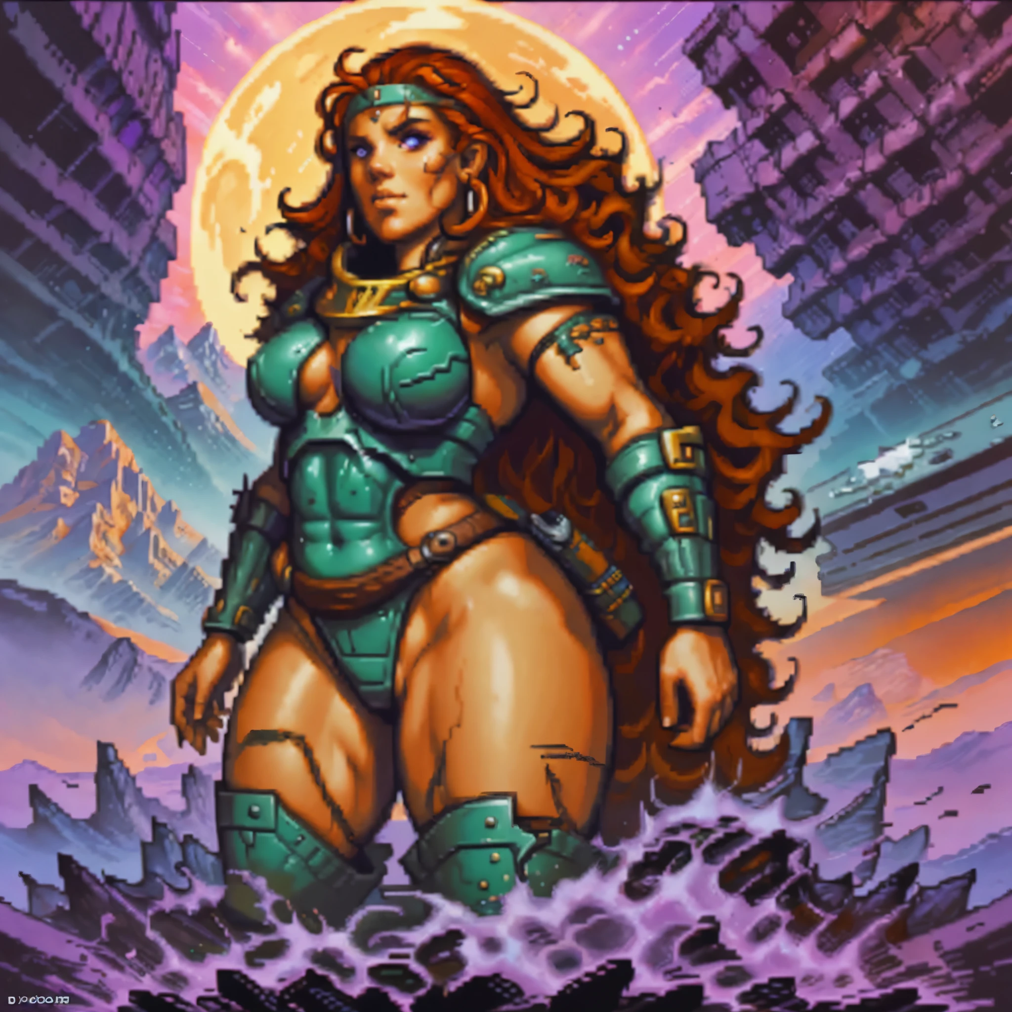 One barbarian girl, red head girl, space-warrior girl, cyborg girl, beautiful bbw girl, chubby girl, woman-warrior, whole body, nude body, Perfect skin, space background, dark fantasy, Linsner style, Science fiction, 80s, 16-bit game, VHS era, planet in space background, purple lightning, psychedelic color background, smog, fog, swamp, girl in swamp, mad max style, vhs tape cover