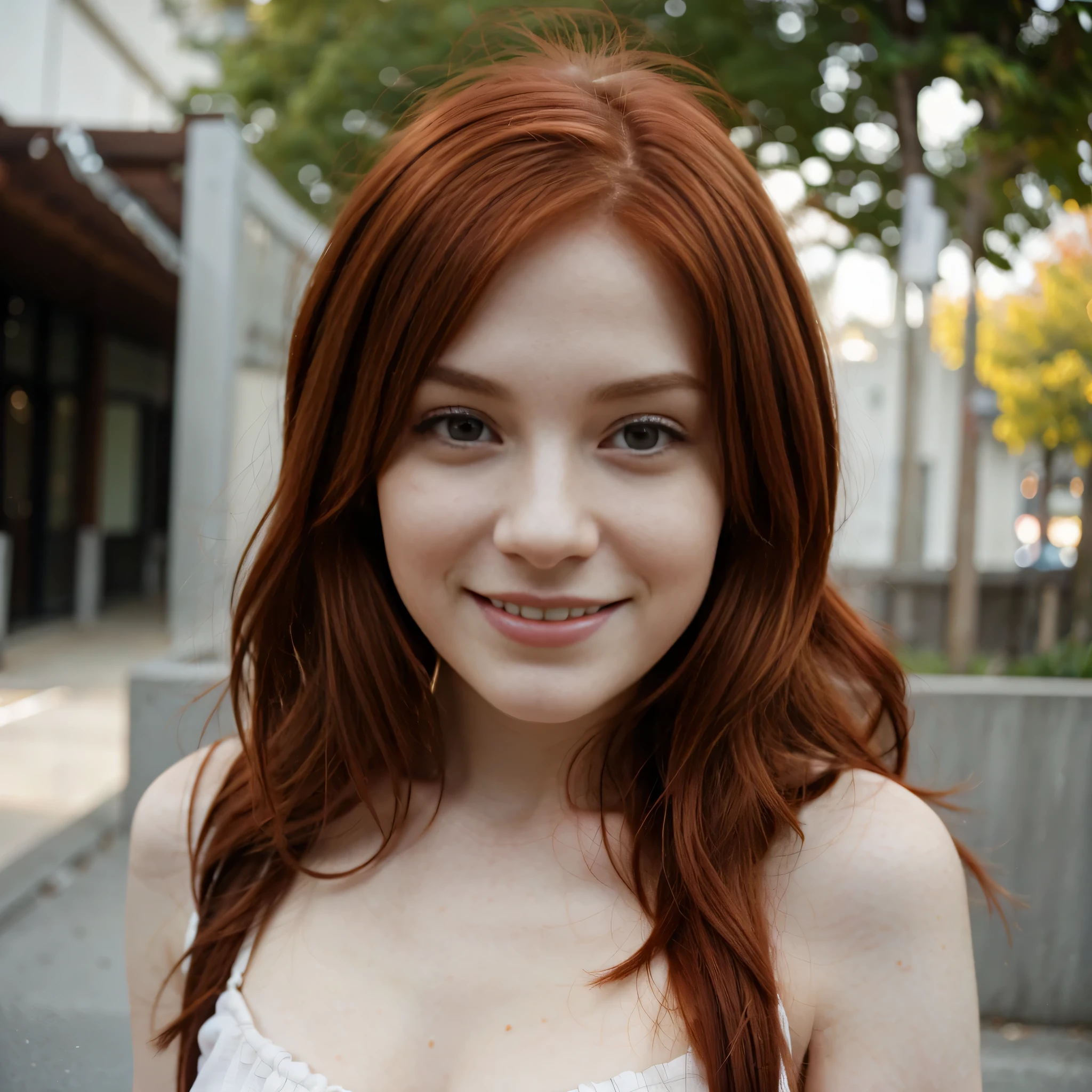 Janet Devlin on a terrace completely naked and smiling