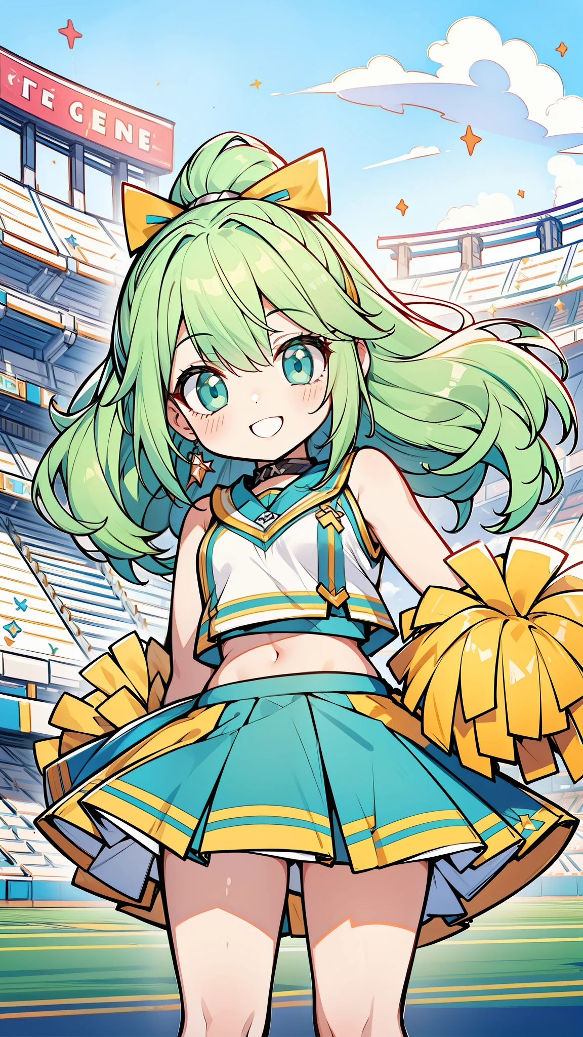 32k, 16k, 8k, best quality, ultra-detailed, high resolution, perfect anatomy, head on, stadium background, cheerleader, high quality eyes, cute girl, peek from below, happy smile, ligth green hair, 