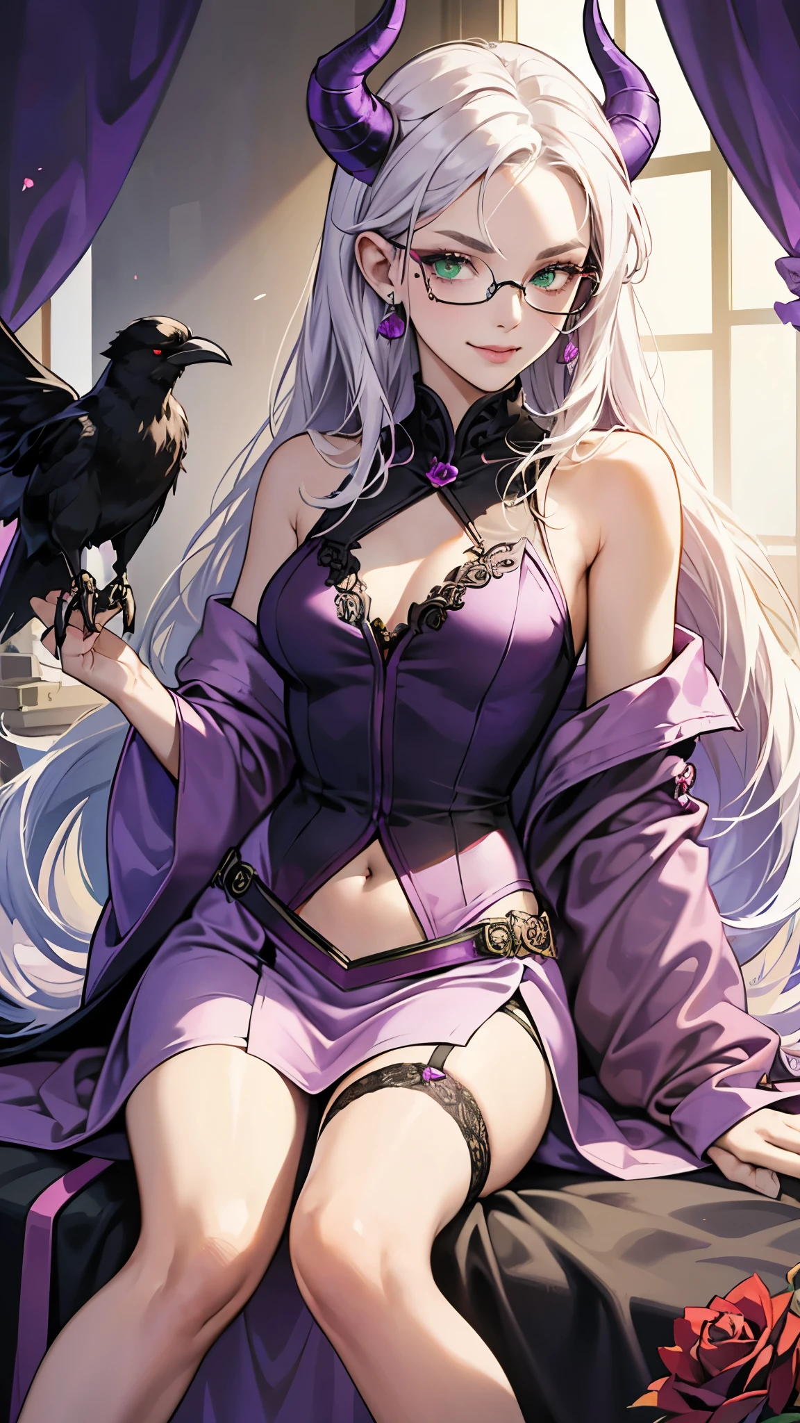8k, masterpiece, best quality, highly detailed, 1girl, tiefling, warlock, multicolored hair, white hair, long hair, strippled hair, glasses, earrings, mole, glowing green eyes, sexy, teal robe, miniskirt, garter belt, high heels, navel piercing, white shirt, collar bone, holding staff, villainous, smirk, flirtatious pose, pet raven, spider, close up view, dress decorate with rose, sitting on the throne, rings on little finger, looking at viewer, hand touching chin.