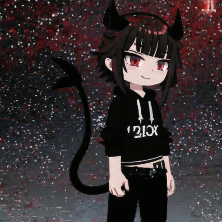 (Masterpiece, Best quality:1.2), 1 girl, alone , Black Black dark horns, Black demonic tail, Russian brown hair, light red eyes, black hoodie with pintagram, comfortable free pants, holding a sharp ring with spikes
