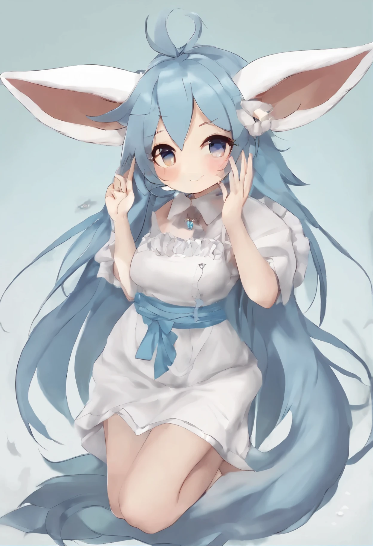 no background, white background, {li: 0.5}, {open mouth: 0.6}, cowboy shot, hime cut hairstyle, hair flaps, inward curls hair, big boobs, nude, naked, no clothes, nipples, rabbit ears, bunny ears, rabbit ears, petite, light blue hair, very long light blue hair, wavy long hair, Light blue eyes