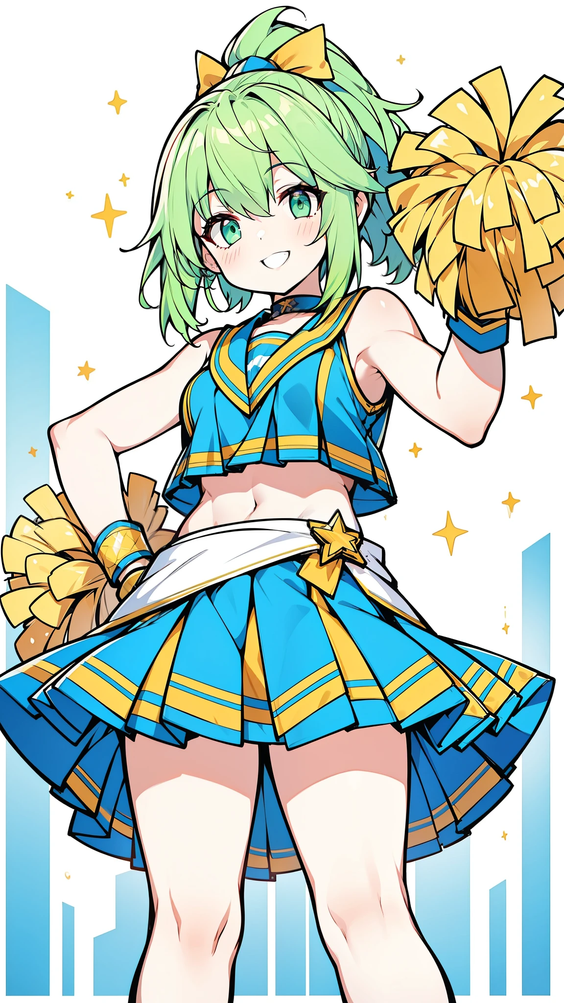 32k, 16k, 8k, best quality, ultra-detailed, high resolution, perfect anatomy, head on, stadium background, cheerleader, high quality eyes, cute girl, peek from below, happy smile, ligth green hair,