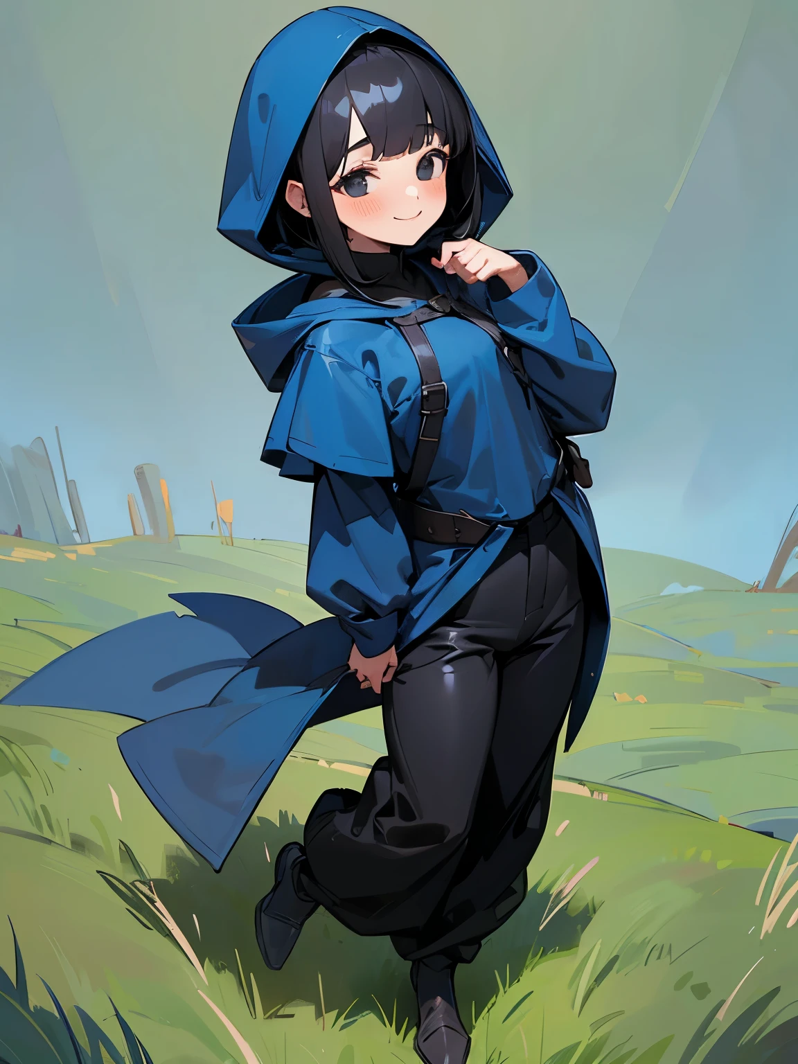 1girl, black hair, black eyes, ((blue long hood)), medieval, (meadow background), full body, (detailed face), (cute girl), ((black pants)), (smiling), (Blush)