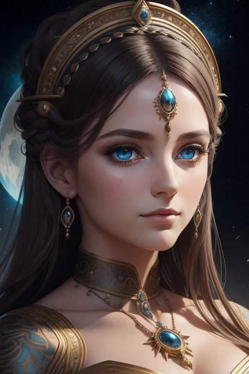 （best quality，ultra-detailed，meilleure illustration，meilleure ombre，chef-d&#39;artwork，Une haute résolution，Illustrations professionnelles，artworks d&#39;art célèbres），Detailed eyes，beaux yeux，Décolleté en gros plan，science-fiction，colored sclera，yeux de robotarques du visage，Tattooed with，（fractalized，yeux fractaux），grands yeux，yeux grands ouvertise au point des yeux），Mise au point du visage，Yeux cosmiques，yeux de l&#39;espace，Gros plan d&#39;une sculpture en métal d&#39;une femme avec une lune dans les cheveux，accueillir。extremely high detail，3D Portrait of the Goddess，Images extrêmement détaillées de la goddess，Un superbe portrait d&#39;une goddess，Image latérale de la goddess，Portrait d&#39;une belle goddess，Portrait en pied de la goddess，Hecate, goddess，Portrait d&#39;une goddess nordique de la lune，déesse de l&#39;espace et du temps