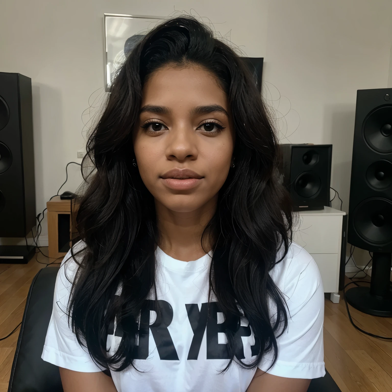 Mujer de pechos grandes pelo negro escuchando musica