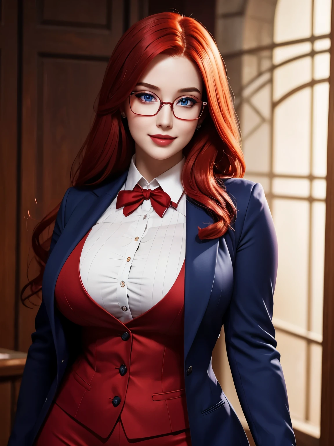 1girl, breasts, necktie, solo, skirt, blue_eyes, glasses, orange_hair, long_hair, hand_on_hip, long_sleeves, between_breasts, pinstripe_pattern, indoors, large_breasts, looking_at_viewer, parted_lips, purple_necktie, striped, suit, formal, puffy_sleeves, necktie_between_breasts, lips, pencil_skirt, shirt, window, juliet_sleeves, collared_shirt, cleavage, cowboy_shot, black_skirt, jacket, miniskirt, black_jacket, kawaii style, sunlight,--style scenic, 
