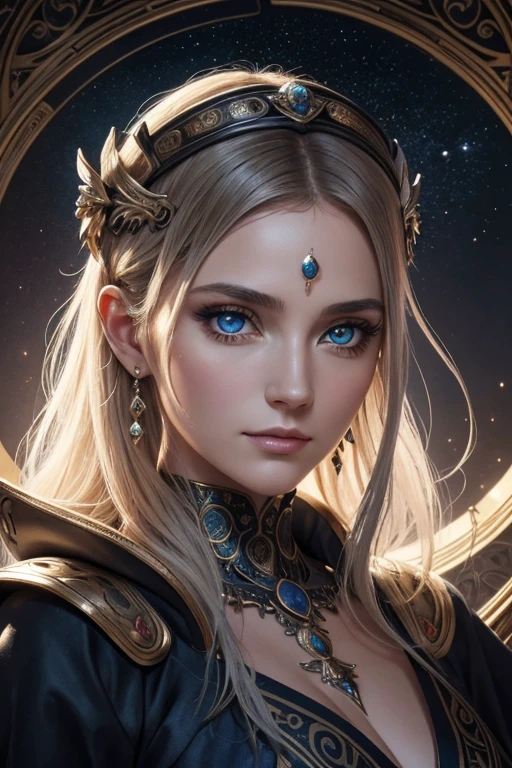 （best quality，ultra-detailed，meilleure illustration，meilleure ombre，chef-d&#39;artwork，Une haute résolution，Illustrations professionnelles，artworks d&#39;art célèbres），Detailed eyes，beaux yeux，Décolleté en gros plan，science-fiction，colored sclera，yeux de robotarques du visage，Tattooed with，（fractalized，yeux fractaux），grands yeux，yeux grands ouvertise au point des yeux），Mise au point du visage，Yeux cosmiques，yeux de l&#39;espace，Gros plan d&#39;une sculpture en métal d&#39;une femme avec une lune dans les cheveux，accueillir。extremely high detail，3D Portrait of the Goddess，Images extrêmement détaillées de la goddess，Un superbe portrait d&#39;une goddess，Image latérale de la goddess，Portrait d&#39;une belle goddess，Portrait en pied de la goddess，Hecate, goddess，Portrait d&#39;une goddess nordique de la lune，déesse de l&#39;espace et du temps