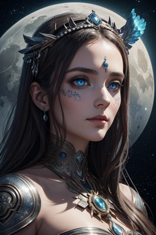 (best quality,ultra-detailed,meilleure illustration,meilleure ombre,chef-d'artwork,Une haute résolution,Illustrations professionnelles,artworks d'art célèbres),Detailed eyes,beaux yeux,Décolleté en gros plan,science-fiction,colored sclera,yeux de robotarques du visage,Tattooed with,(fractalized,yeux fractaux),grands yeux,yeux grands ouvertise au point des yeux),Mise au point du visage,Yeux cosmiques,yeux de l'espace,Gros plan d'une sculpture en métal d'une femme avec une lune dans les cheveux,accueillir。extremely high detail,3D Portrait of the Goddess,Images extrêmement détaillées de la goddess,Un superbe portrait d'une goddess,Image latérale de la goddess,Portrait d'une belle goddess,Portrait en pied de la goddess,Hecate, goddess,Portrait d'une goddess nordique de la lune,déesse de l'espace et du temps