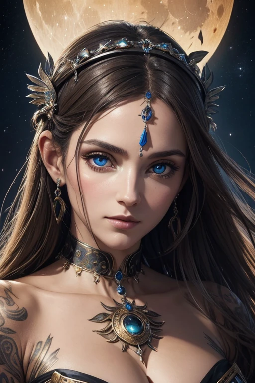 (best quality,ultra-detailed,meilleure illustration,meilleure ombre,chef-d'artwork,Une haute résolution,Illustrations professionnelles,artworks d'art célèbres),Detailed eyes,beaux yeux,Décolleté en gros plan,science-fiction,colored sclera,yeux de robotarques du visage,Tattooed with,(fractalized,yeux fractaux),grands yeux,yeux grands ouvertise au point des yeux),Mise au point du visage,Yeux cosmiques,yeux de l'espace,Gros plan d'une sculpture en métal d'une femme avec une lune dans les cheveux,accueillir。extremely high detail,3D Portrait of the Goddess,Images extrêmement détaillées de la goddess,Un superbe portrait d'une goddess,Image latérale de la goddess,Portrait d'une belle goddess,Portrait en pied de la goddess,Hecate, goddess,Portrait d'une goddess nordique de la lune,déesse de l'espace et du temps