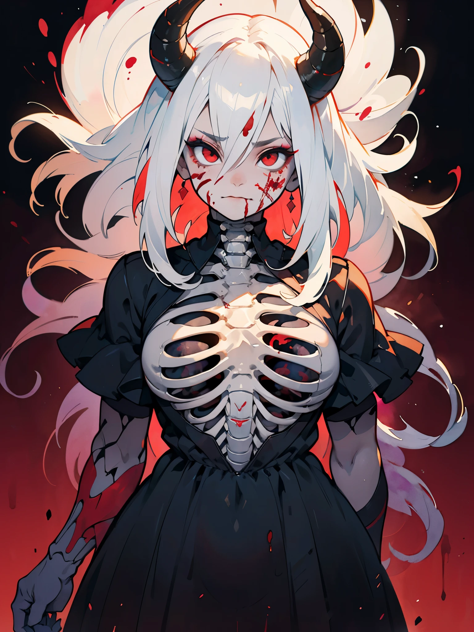 Masterpiece, Hyper detailed, Best quality, UHD, Ultra high resolution, (16K), (((Watercolor:1))), ((anatomically correct)), 1 woman, Devilish Expression, ((Hyper detailed Blood dress:1.5, ribcage, skeleton)), Beautiful face, Busty, Curvy, (Hyper detailed eyes, Red eyes), Longeyelashes, Jewellery, Makeup, Facepaint, Horns, ((Long Hair, White Hair, straight hair)), {{{Dark Lighting}}}, ((Horror setting, Gore, blood splatter, Blood, cuts, hellspawn)), AGGA_ST009