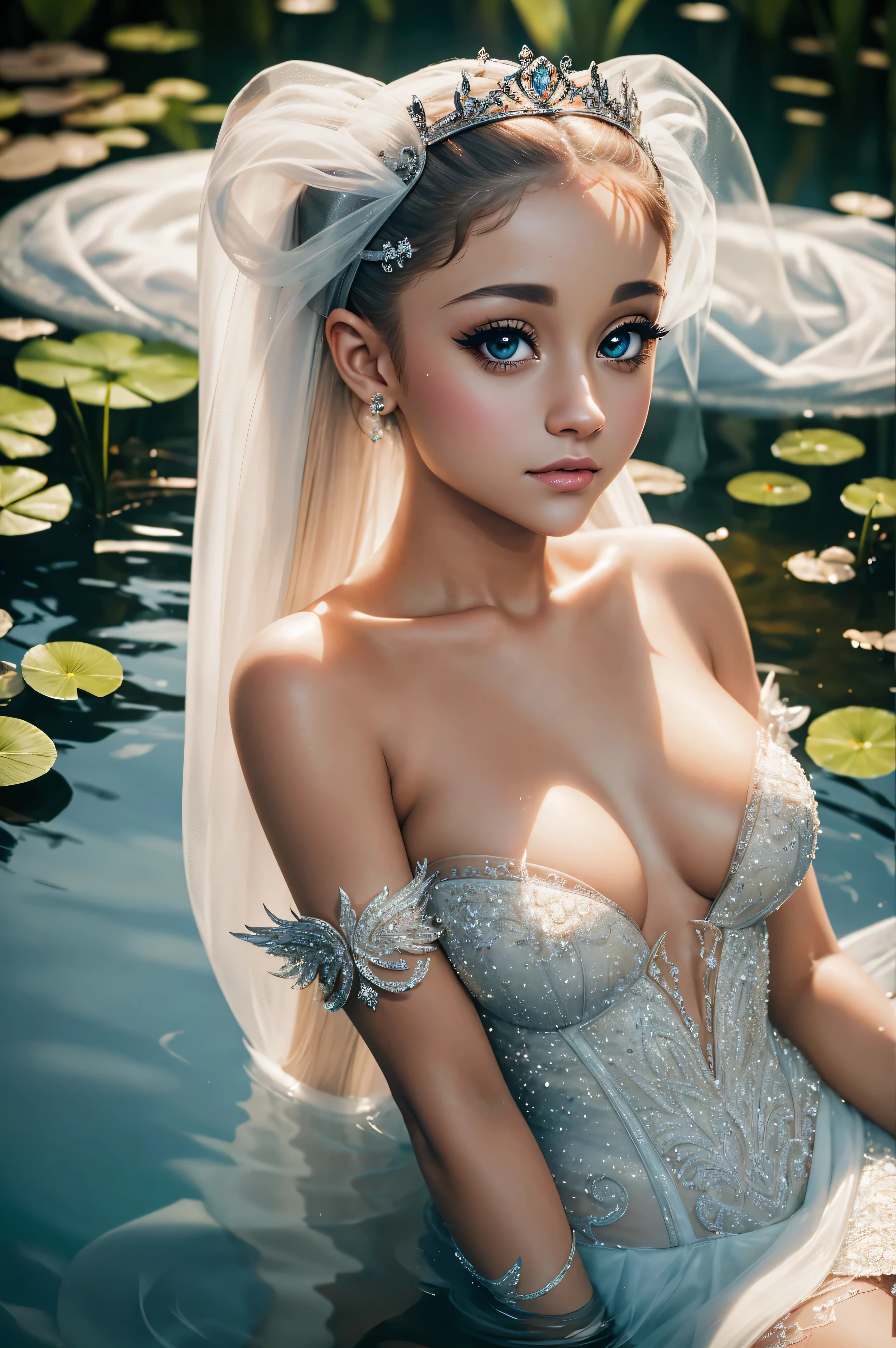 Ariana Grande, wearing princess swan costume transparent. professionally retouched, soft lighting, realistic, smooth face, perfect eyes, sharp focus on eyes, 8 k, high definition, insanely detailed, intricate, elegant. against the background of the pond.