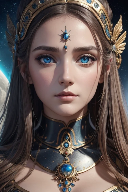 （best quality，ultra-detailed，meilleure illustration，meilleure ombre，chef-d&#39;artwork，Une haute résolution，Illustrations professionnelles，artworks d&#39;art célèbres），Detailed eyes，beaux yeux，Décolleté en gros plan，science-fiction，colored sclera，yeux de robotarques du visage，Tattooed with，（fractalized，yeux fractaux），grands yeux，yeux grands ouvertise au point des yeux），Mise au point du visage，Yeux cosmiques，yeux de l&#39;espace，Gros plan d&#39;une sculpture en métal d&#39;une femme avec une lune dans les cheveux，accueillir。extremely high detail，3D Portrait of the Goddess，Images extrêmement détaillées de la goddess，Un superbe portrait d&#39;une goddess，Image latérale de la goddess，Portrait d&#39;une belle goddess，Portrait en pied de la goddess，Hecate, goddess，Portrait d&#39;une goddess nordique de la lune，déesse de l&#39;espace et du temps