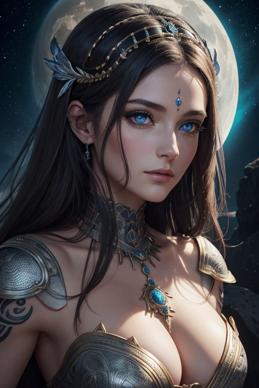 (best quality,ultra-detailed,meilleure illustration,meilleure ombre,chef-d'artwork,Une haute résolution,Illustrations professionnelles,artworks d'art célèbres),Detailed eyes,beaux yeux,Décolleté en gros plan,science-fiction,colored sclera,yeux de robotarques du visage,Tattooed with,(fractalized,yeux fractaux),grands yeux,yeux grands ouvertise au point des yeux),Mise au point du visage,Yeux cosmiques,yeux de l'espace,Gros plan d'une sculpture en métal d'une femme avec une lune dans les cheveux,accueillir。extremely high detail,3D Portrait of the Goddess,Images extrêmement détaillées de la goddess,Un superbe portrait d'une goddess,Image latérale de la goddess,Portrait d'une belle goddess,Portrait en pied de la goddess,Hecate, goddess,Portrait d'une goddess nordique de la lune,déesse de l'espace et du temps