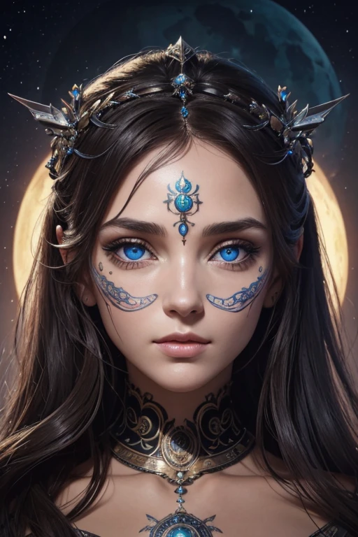（best quality，ultra-detailed，meilleure illustration，meilleure ombre，chef-d&#39;artwork，Une haute résolution，Illustrations professionnelles，artworks d&#39;art célèbres），Detailed eyes，beaux yeux，Décolleté en gros plan，science-fiction，colored sclera，yeux de robotarques du visage，Tattooed with，（fractalized，yeux fractaux），grands yeux，yeux grands ouvertise au point des yeux），Mise au point du visage，Yeux cosmiques，yeux de l&#39;espace，Gros plan d&#39;une sculpture en métal d&#39;une femme avec une lune dans les cheveux，accueillir。extremely high detail，3D Portrait of the Goddess，Images extrêmement détaillées de la goddess，Un superbe portrait d&#39;une goddess，Image latérale de la goddess，Portrait d&#39;une belle goddess，Portrait en pied de la goddess，Hecate, goddess，Portrait d&#39;une goddess nordique de la lune，déesse de l&#39;espace et du temps