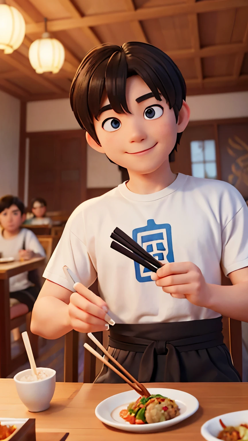 the actor gordon cormier with messy korean side swept hard part haircut style while sit in a chair with avatar the last air bender's white tshirt in indonesian restaurant smiling to the camera only showing his head until his stomach with table full of indonesian food in front of him holding chopsticks