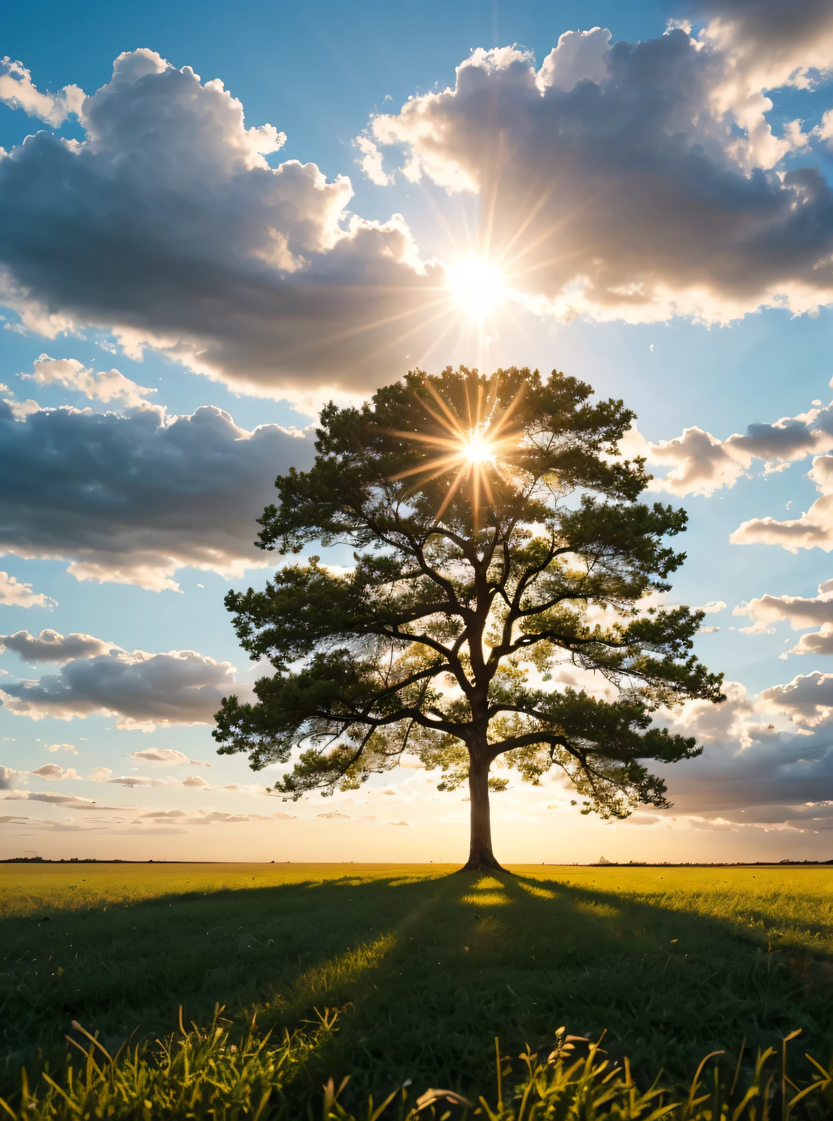Tree alone on a Field, Blue Sky with white clouds, Morningsun