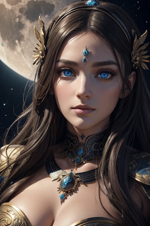 （best quality，ultra-detailed，meilleure illustration，meilleure ombre，chef-d&#39;artwork，Une haute résolution，Illustrations professionnelles，artworks d&#39;art célèbres），Detailed eyes，beaux yeux，Décolleté en gros plan，science-fiction，colored sclera，yeux de robotarques du visage，Tattooed with，（fractalized，yeux fractaux），grands yeux，yeux grands ouvertise au point des yeux），Mise au point du visage，Yeux cosmiques，yeux de l&#39;espace，Gros plan d&#39;une sculpture en métal d&#39;une femme avec une lune dans les cheveux，accueillir。extremely high detail，3D Portrait of the Goddess，Images extrêmement détaillées de la goddess，Un superbe portrait d&#39;une goddess，Image latérale de la goddess，Portrait d&#39;une belle goddess，Portrait en pied de la goddess，Hecate, goddess，Portrait d&#39;une goddess nordique de la lune，déesse de l&#39;espace et du temps