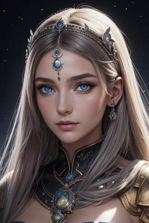 （best quality，ultra-detailed，meilleure illustration，meilleure ombre，chef-d&#39;artwork，Une haute résolution，Illustrations professionnelles，artworks d&#39;art célèbres），Detailed eyes，beaux yeux，Décolleté en gros plan，science-fiction，colored sclera，yeux de robotarques du visage，Tattooed with，（fractalized，yeux fractaux），grands yeux，yeux grands ouvertise au point des yeux），Mise au point du visage，Yeux cosmiques，yeux de l&#39;espace，Gros plan d&#39;une sculpture en métal d&#39;une femme avec une lune dans les cheveux，accueillir。extremely high detail，3D Portrait of the Goddess，Images extrêmement détaillées de la goddess，Un superbe portrait d&#39;une goddess，Image latérale de la goddess，Portrait d&#39;une belle goddess，Portrait en pied de la goddess，Hecate, goddess，Portrait d&#39;une goddess nordique de la lune，déesse de l&#39;espace et du temps