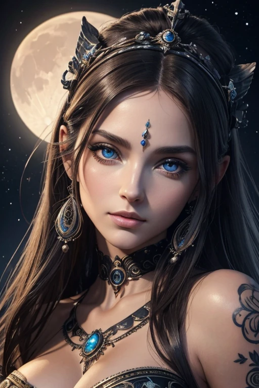 (best quality,ultra-detailed,meilleure illustration,meilleure ombre,chef-d'artwork,Une haute résolution,Illustrations professionnelles,artworks d'art célèbres),Detailed eyes,beaux yeux,Décolleté en gros plan,science-fiction,colored sclera,yeux de robotarques du visage,Tattooed with,(fractalized,yeux fractaux),grands yeux,yeux grands ouvertise au point des yeux),Mise au point du visage,Yeux cosmiques,yeux de l'espace,Gros plan d'une sculpture en métal d'une femme avec une lune dans les cheveux,accueillir。extremely high detail,3D Portrait of the Goddess,Images extrêmement détaillées de la goddess,Un superbe portrait d'une goddess,Image latérale de la goddess,Portrait d'une belle goddess,Portrait en pied de la goddess,Hecate, goddess,Portrait d'une goddess nordique de la lune,déesse de l'espace et du temps